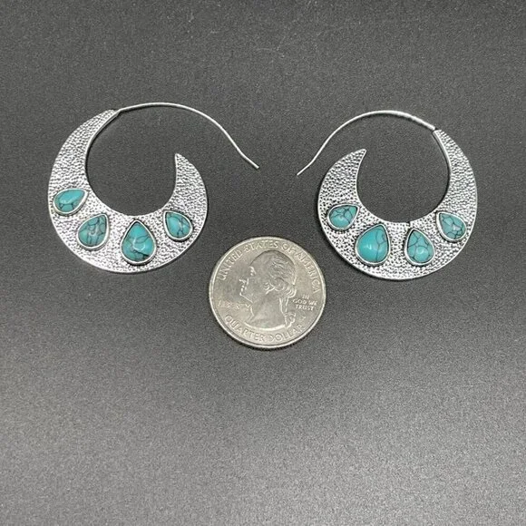 Medium Silver Tone Feather Spiral Earrings in Turquoise Blue #1320 - Picture 10 of 12